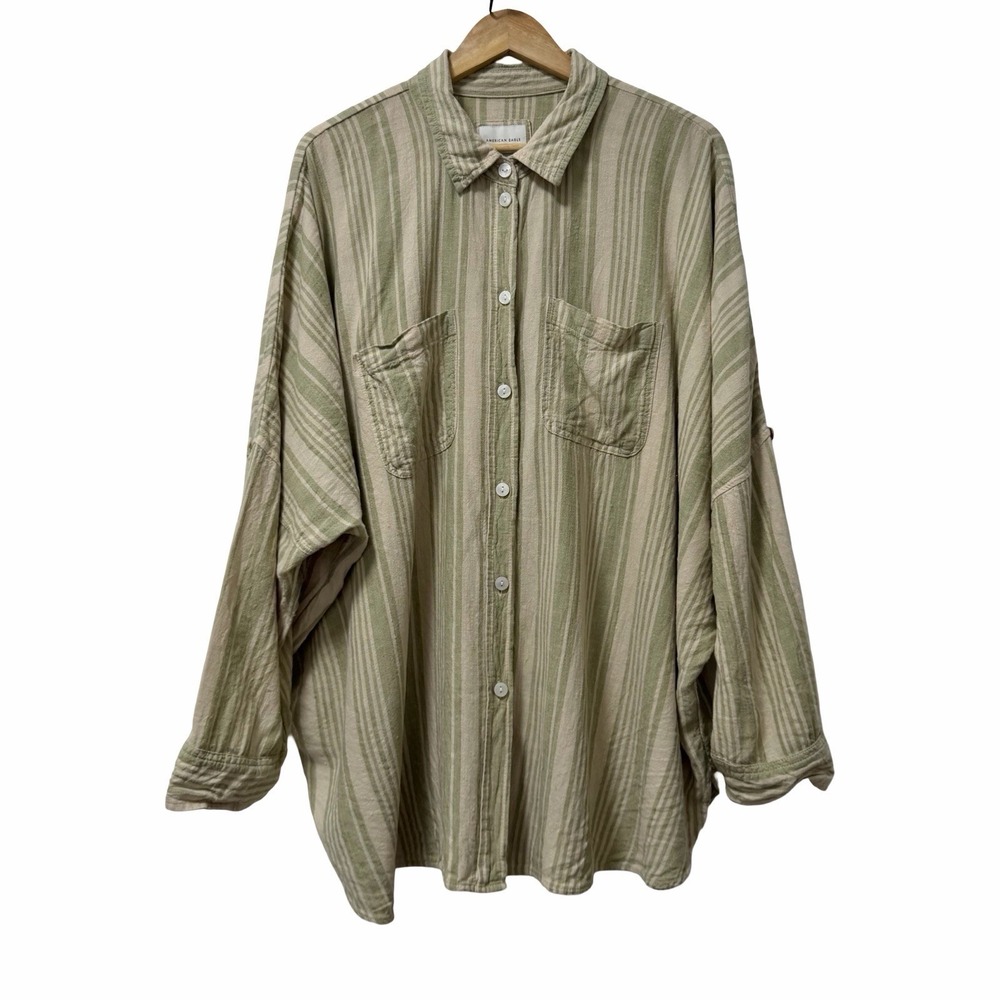American Eagle Womens Linen Blend Stripe Boyfriend Button Up Shirt Size L Green